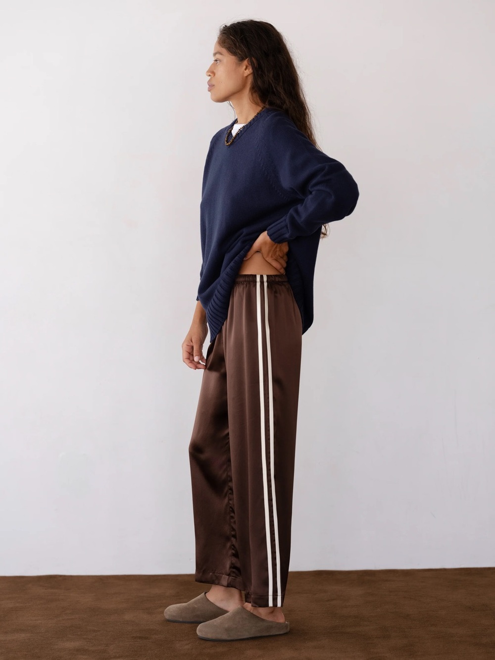 DONNI Brown Cropped Track Pants with Cream Side Stripes Silk NWOT